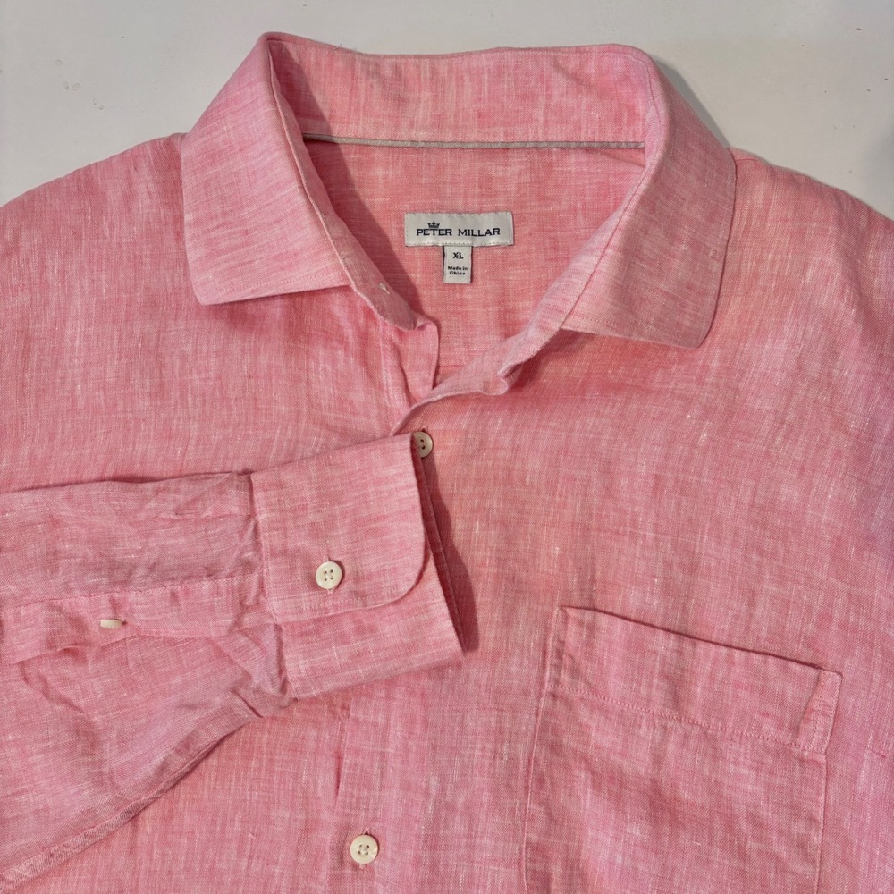 Peter Millar Button Down Men XL Pink 100% Linen Long Sleeve Shirt Luxury Coastal
